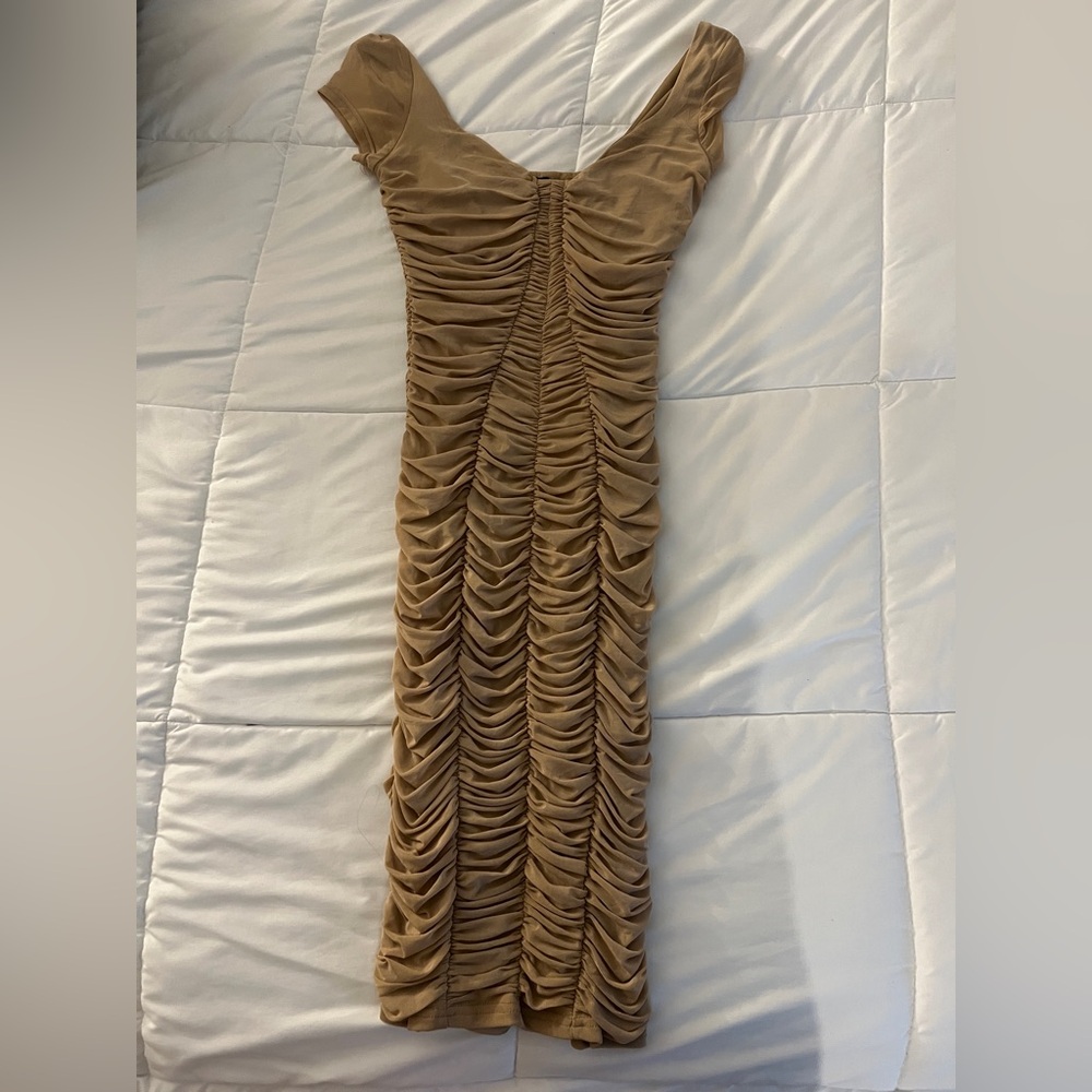 Fashion Nova Tan Backless Ruched Dress